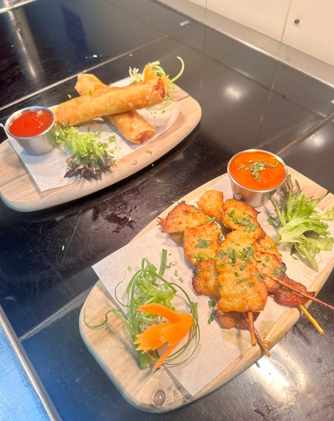 Chicken satay and Thai spring rolls
