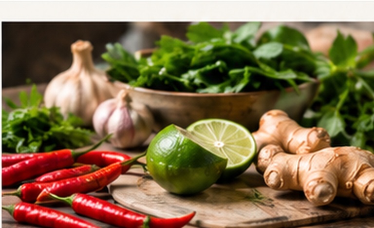 Fresh Thai ingredients including chillies, lime, garlic and ginger